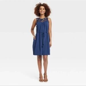 Knox Rose Blue Tassel Belted Shift Dress Size Large Sleeveless Lace Boho Pockets
